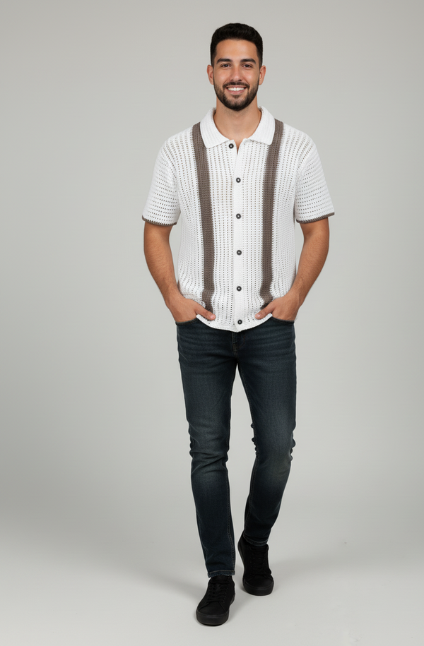 Men’s Striped Crochet Button-Up Shirt – Vintage Short Sleeve Knit Top in White and Brown