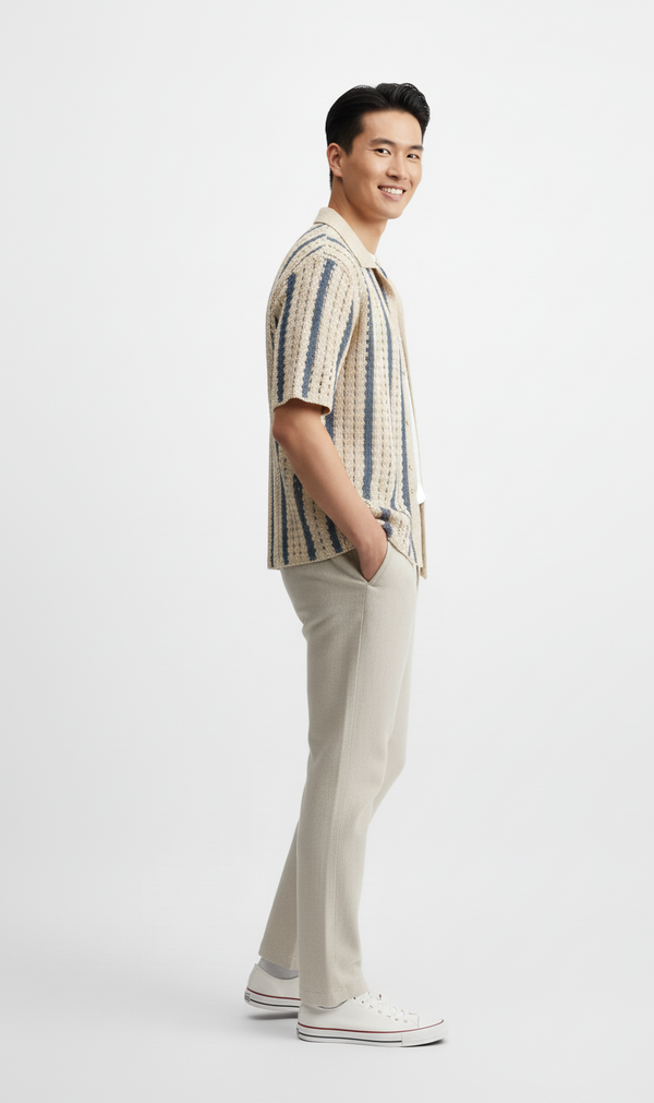 Handmade Crochet Knit Striped Shirt – Men’s Vintage Granny Style Short Sleeve Top