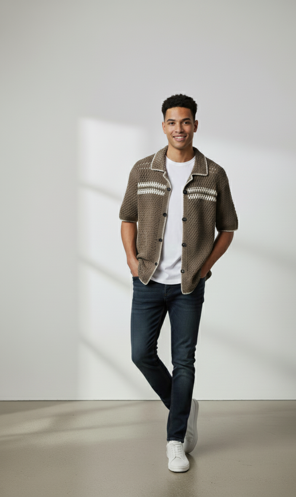 Men’s Crochet Knit Shirt – Casual Button-Up Summer Top in Brown