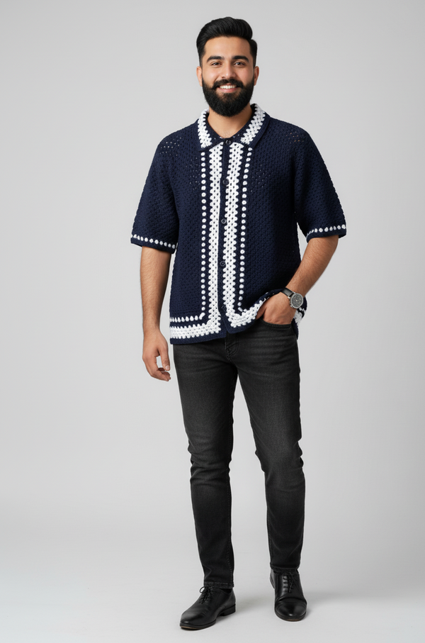 Handmade Navy Blue Crochet Knit Shirt – Men’s Retro Granny Style Button-Up Top