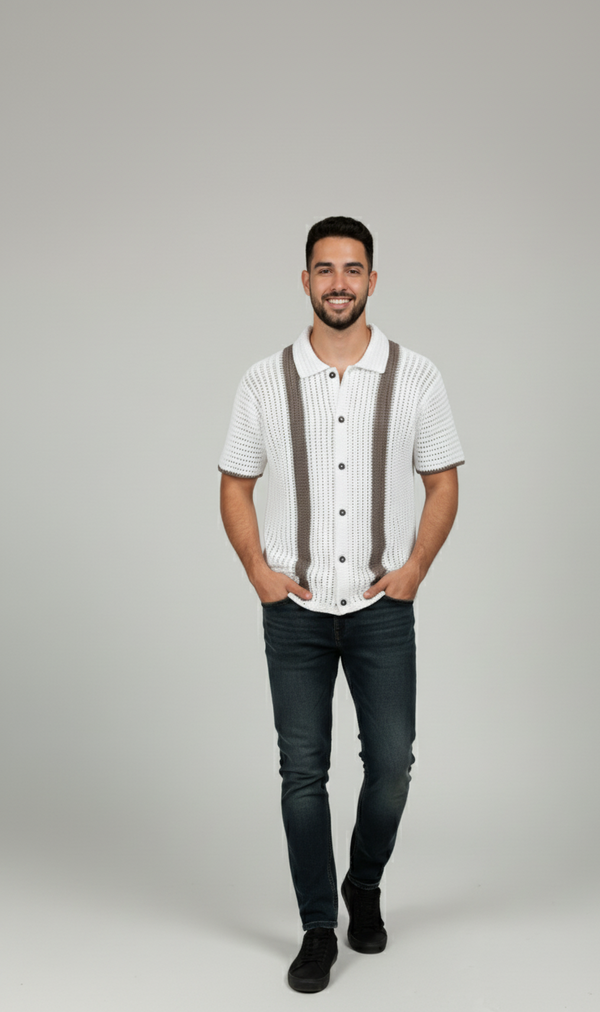 Men’s Striped Crochet Button-Up Shirt – Vintage Short Sleeve Knit Top in White and Brown
