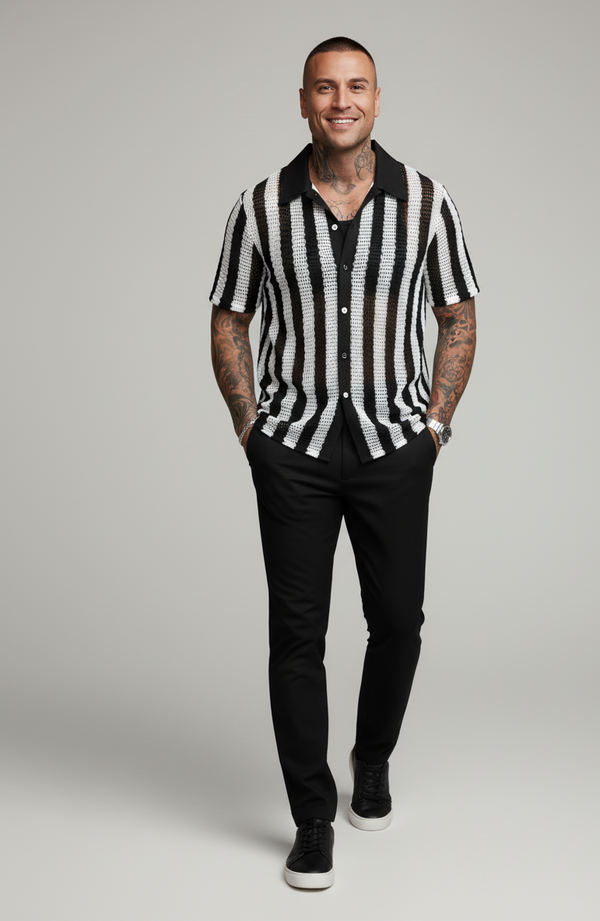 Handmade Black & White Crochet Knit Shirt – Men’s Vintage Striped Button-Up