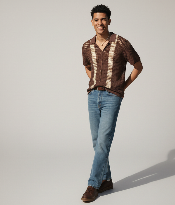 Handmade Brown Crochet Knit Shirt – Men’s Vintage Striped Granny Style Top