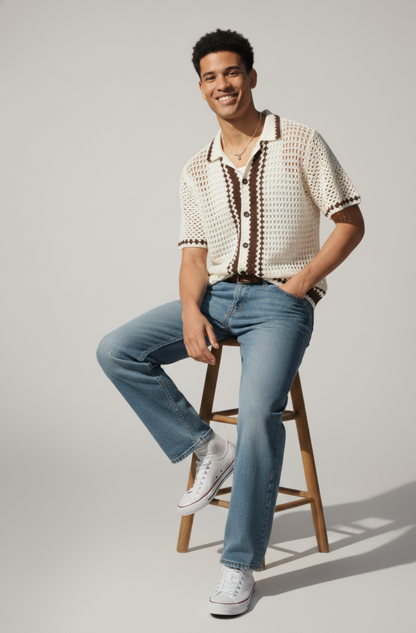 Men’s Retro Crochet Button-Up Shirt – Handcrafted Short Sleeve Knit Top in Cream & Brown