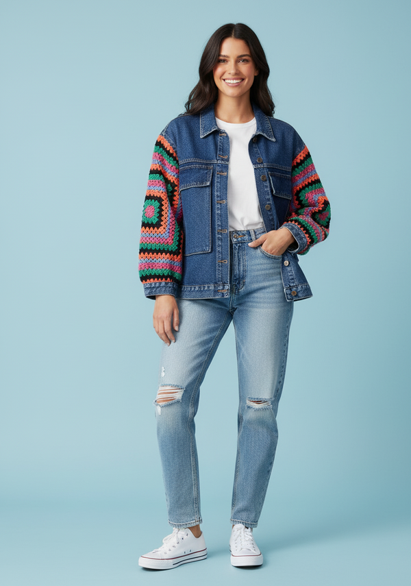 Crochet Sleeve Denim Jacket – Handmade Boho Fusion