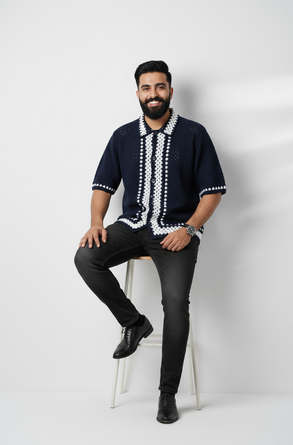 Handmade Navy Blue Crochet Knit Shirt – Men’s Retro Granny Style Button-Up Top