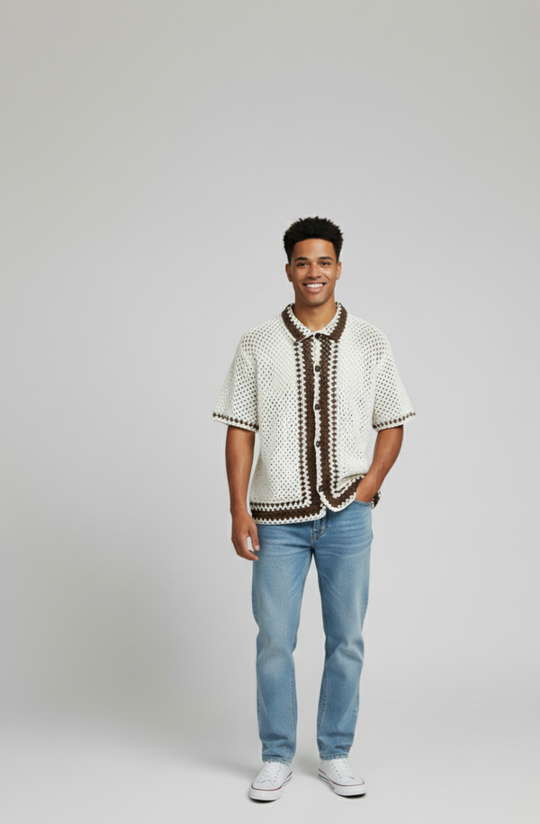 Men’s Retro Crochet Button-Up Shirt – Handcrafted Short Sleeve Knit Top in Cream & Brown