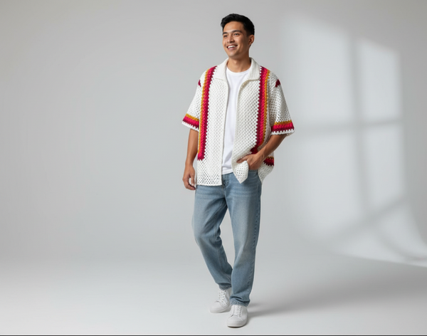 Handmade White Crochet Shirt with Multicolor Stripes – Vintage Granny Style Unisex Top