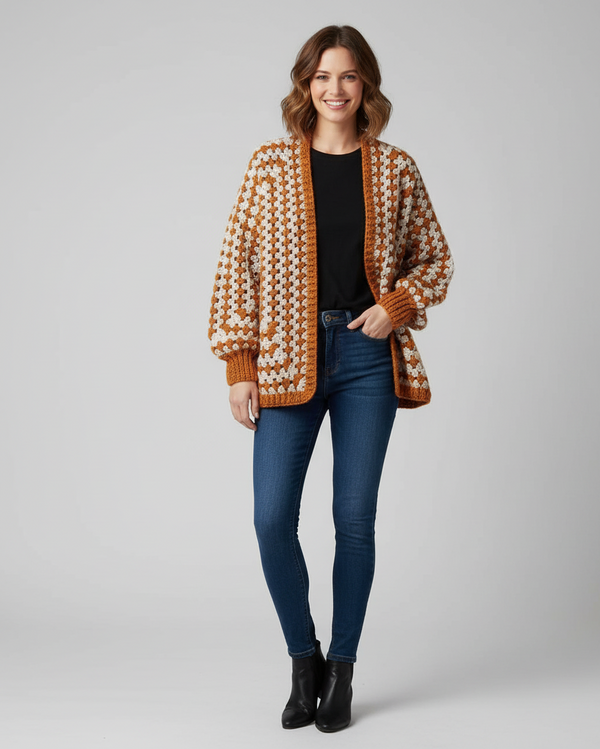 Handmade Granny Square Crochet Cardigan – Vintage Boho Cozy Knit Sweater for Women