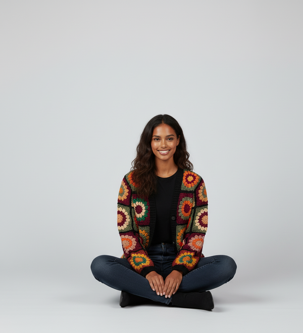 Handmade Bobble Sleeve Floral Knit Sweater | Chunky Crochet Pullover for Women