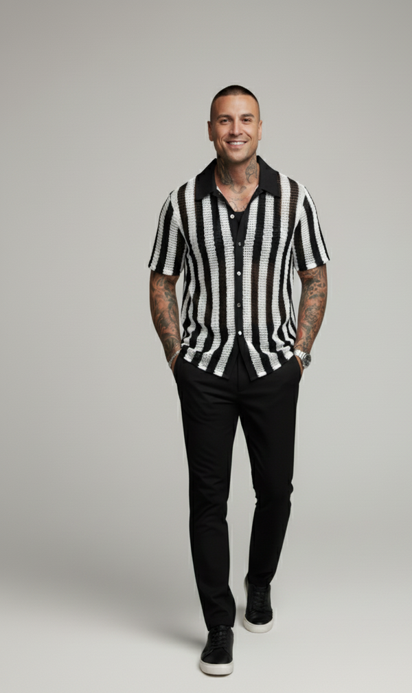 Handmade Black & White Crochet Knit Shirt – Men’s Vintage Striped Button-Up