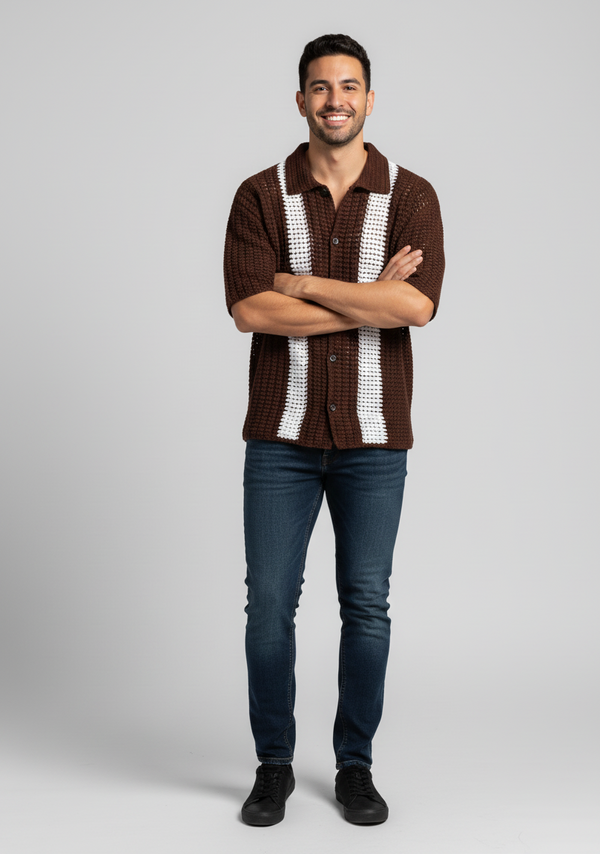 Men’s Brown Crochet Button-Up Shirt – Handcrafted Short Sleeve Knit Top with White Stripes