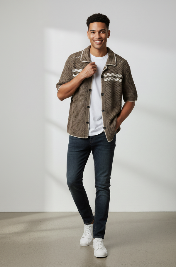 Men’s Crochet Knit Shirt – Casual Button-Up Summer Top in Brown