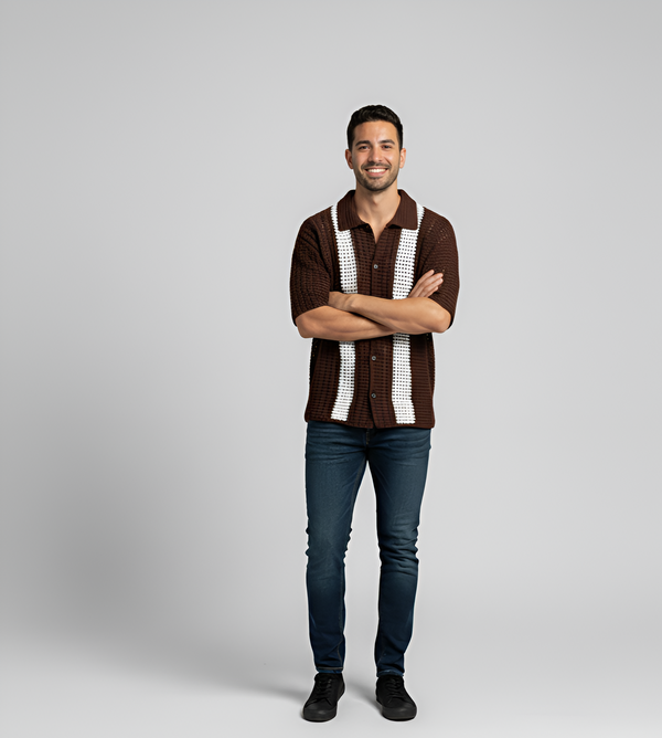 Men’s Brown Crochet Button-Up Shirt – Handcrafted Short Sleeve Knit Top with White Stripes