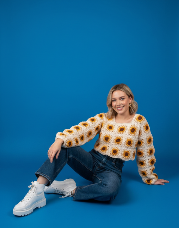 Handmade Crochet Sunflower Granny Square Cropped Sweater