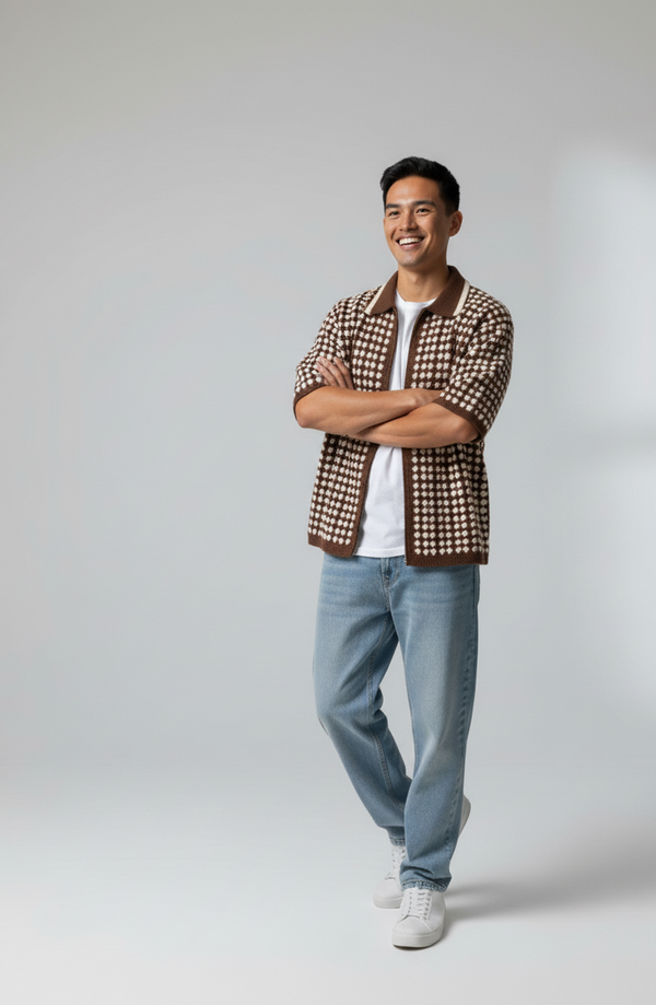 Handmade Brown & Beige Crochet Shirt – Men’s Retro Granny Knit Short Sleeve Top